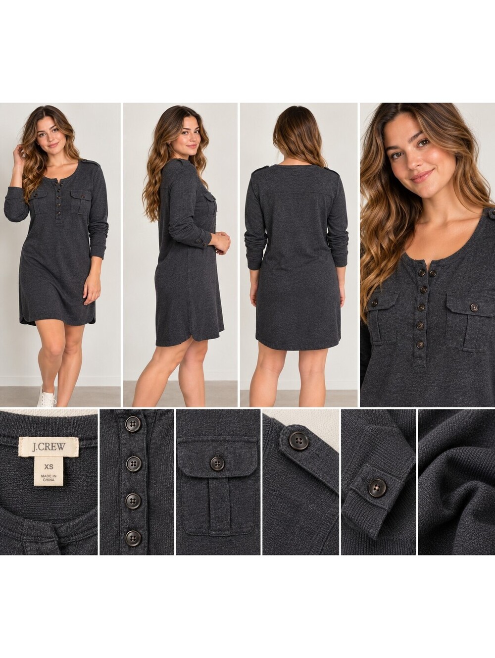 J.Crew Charcoal Gray Long Sleeve Henley Dress size xs